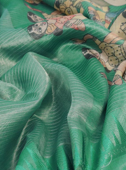 Banarasi tissue organza saree teal green with plain body and kalamkari printed border - {{ collection.title }} by Prashanti Sarees