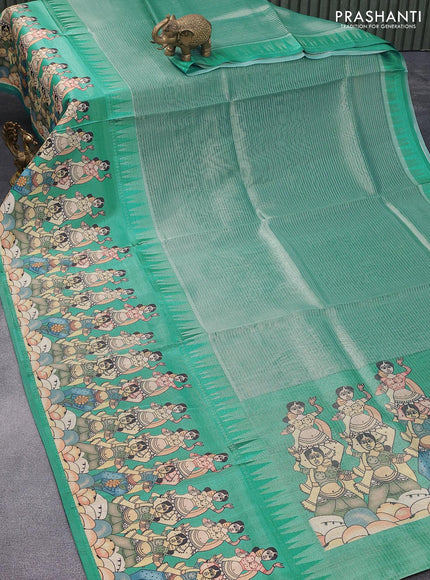 Banarasi tissue organza saree teal green with plain body and kalamkari printed border - {{ collection.title }} by Prashanti Sarees