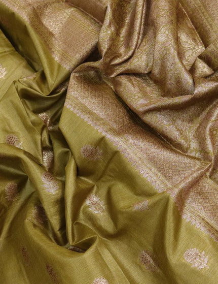 Banarasi tussar silk saree mehendi green with zari woven floral buttas in borderless style - {{ collection.title }} by Prashanti Sarees