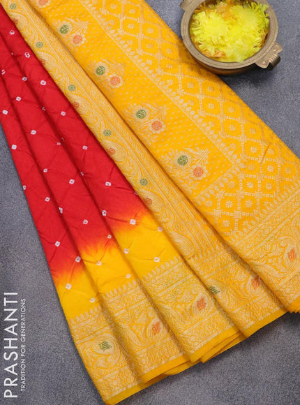 Bandhani saree red and mango yellow with bandhani prints and banarasi style mina border - {{ collection.title }} by Prashanti Sarees