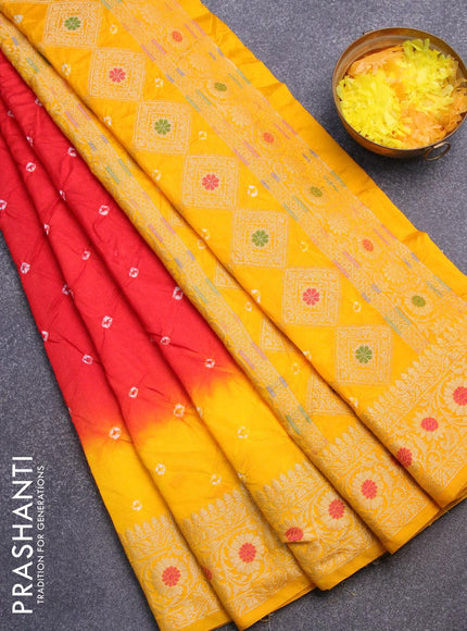 Bandhani saree red and mango yellow with bandhani prints and banarasi style mina border - {{ collection.title }} by Prashanti Sarees