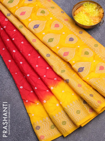 Bandhani saree red and mango yellow with bandhani prints and banarasi style mina border - {{ collection.title }} by Prashanti Sarees