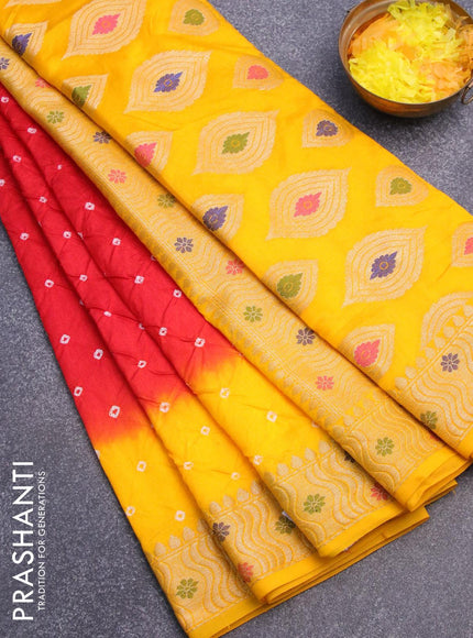 Bandhani saree red and mango yellow with bandhani prints and banarasi style mina border - {{ collection.title }} by Prashanti Sarees