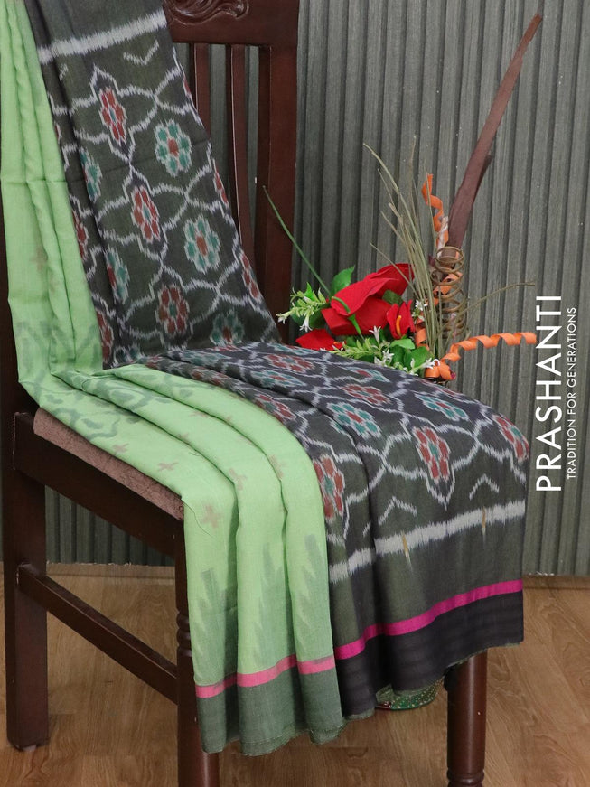 Bengal soft cotton saree green shade and black with allover ikat weaves and simple border - {{ collection.title }} by Prashanti Sarees