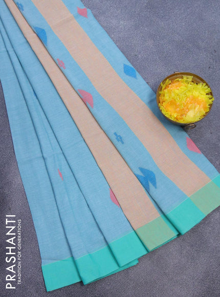 Bengal soft cotton saree light blue and teal green with thread woven buttas and zari woven simple border - {{ collection.title }} by Prashanti Sarees