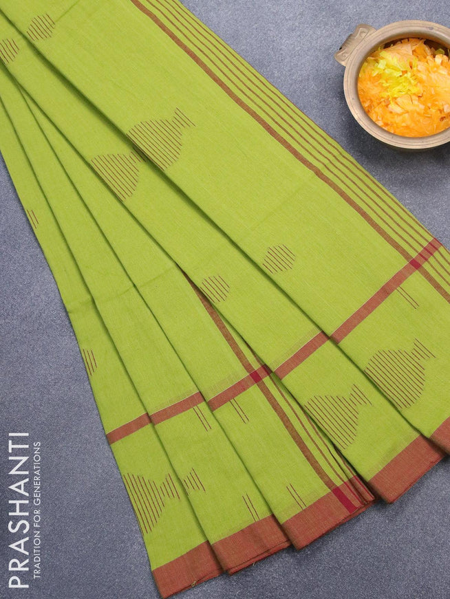 Bengal soft cotton saree light green and maroon with thread woven buttas and simple border - {{ collection.title }} by Prashanti Sarees