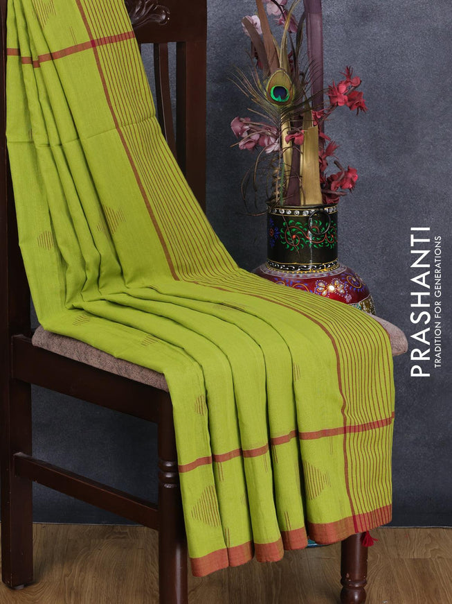 Bengal soft cotton saree light green and maroon with thread woven buttas and simple border - {{ collection.title }} by Prashanti Sarees