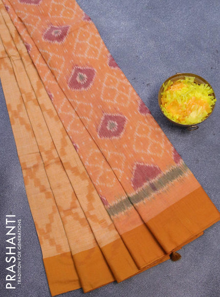 Bengal soft cotton saree pale orange shade and mustard yellow with allover ikat weaves and contrast border - {{ collection.title }} by Prashanti Sarees