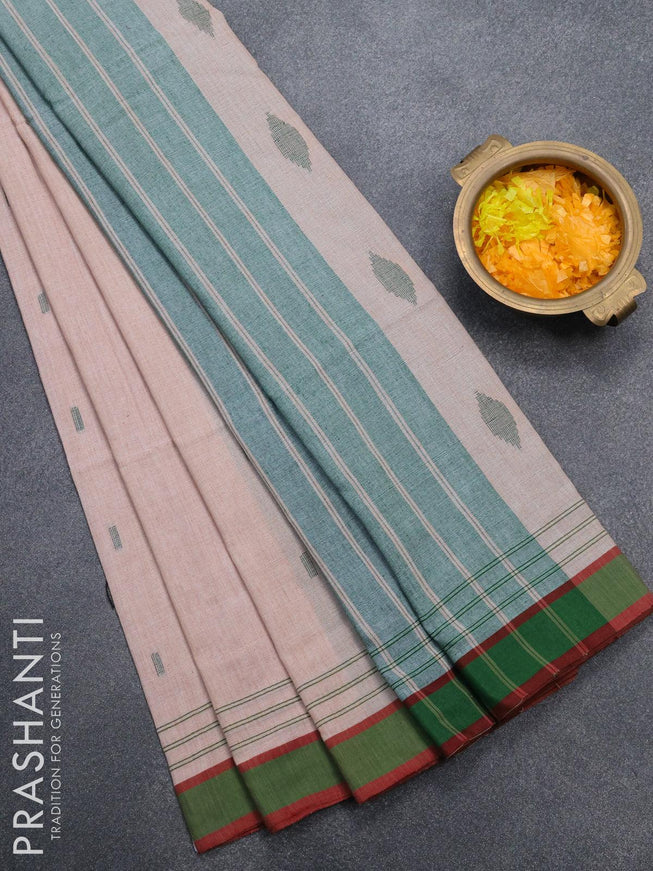 Bengal soft cotton saree peach shade and green with thread woven buttas and simple border - {{ collection.title }} by Prashanti Sarees