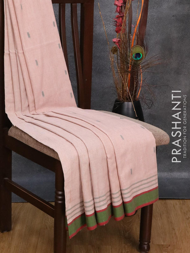 Bengal soft cotton saree peach shade and green with thread woven buttas and simple border - {{ collection.title }} by Prashanti Sarees