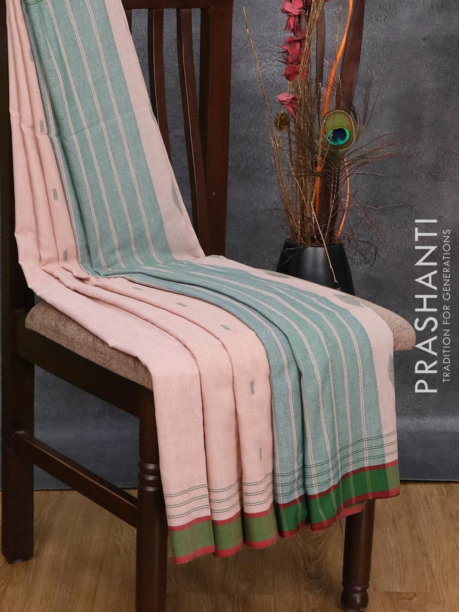 Bengal soft cotton saree peach shade and green with thread woven buttas and simple border - {{ collection.title }} by Prashanti Sarees