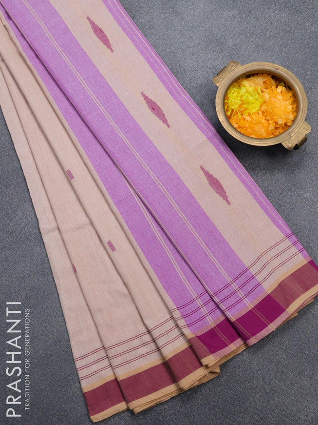 Bengal soft cotton saree peach shade and purple with thread woven buttas and simple border - {{ collection.title }} by Prashanti Sarees