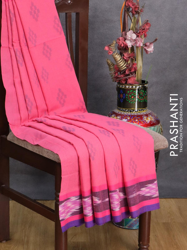 Bengal soft cotton saree pink and deep violet with butta prints and ikat woven border - {{ collection.title }} by Prashanti Sarees