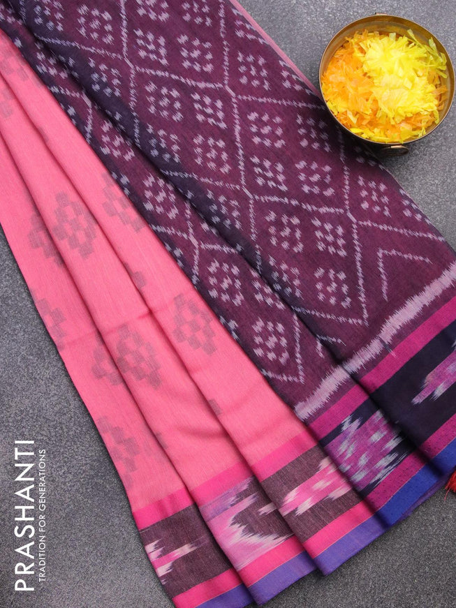 Bengal soft cotton saree pink and wine shade with butta prints and ikat woven border - {{ collection.title }} by Prashanti Sarees