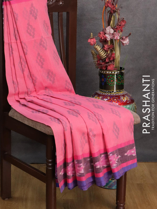 Bengal soft cotton saree pink and wine shade with butta prints and ikat woven border - {{ collection.title }} by Prashanti Sarees