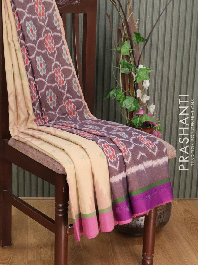 Bengal soft cotton saree sandal and purple with allover ikat weaves and simple border - {{ collection.title }} by Prashanti Sarees