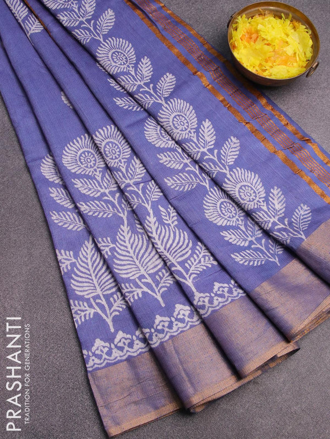 Bhagalpuri saree blue shade with leaf butta prints and zari woven border - {{ collection.title }} by Prashanti Sarees