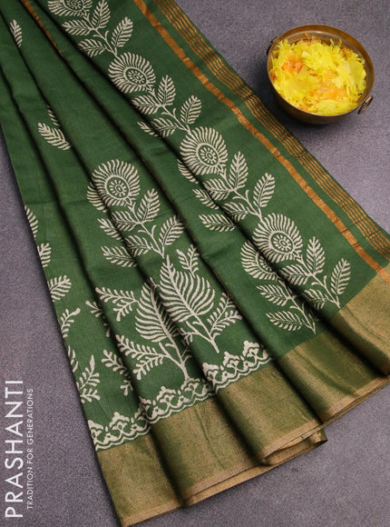 Bhagalpuri saree dark green with leaf butta prints and zari woven border - {{ collection.title }} by Prashanti Sarees