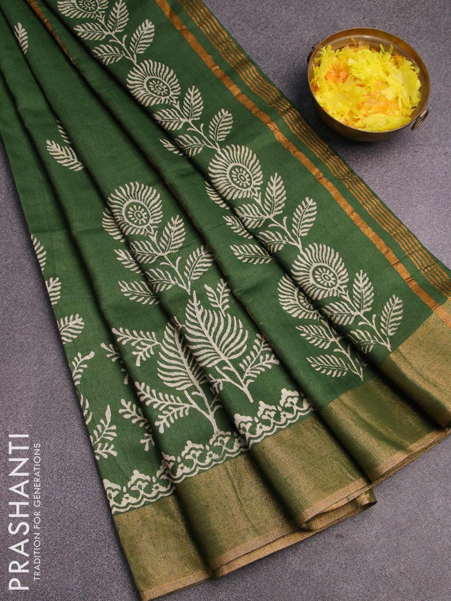 Bhagalpuri saree dark green with leaf butta prints and zari woven border - {{ collection.title }} by Prashanti Sarees