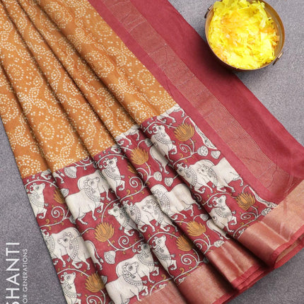 Bhagalpuri saree dark mustard and maroon with allover bandhani prints and long pichwai printed zari woven border - {{ collection.title }} by Prashanti Sarees