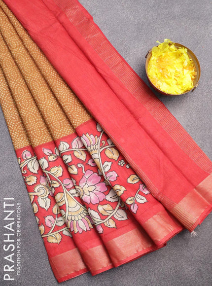 Bhagalpuri saree dark mustard and red with allover bandhani prints and long kalamkari printed zari border - {{ collection.title }} by Prashanti Sarees