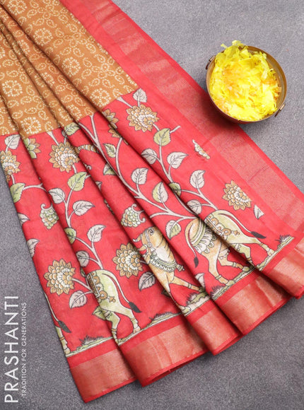 Bhagalpuri saree dark mustard and red with allover bandhani prints and long pichwai printed zari woven border - {{ collection.title }} by Prashanti Sarees