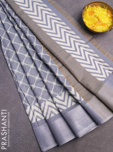 Bhagalpuri saree grey with allover prints and silver zari woven border - {{ collection.title }} by Prashanti Sarees