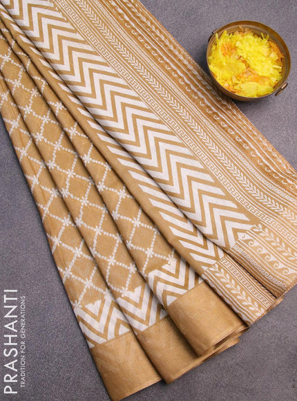 Bhagalpuri saree khaki shade with allover prints and silver zari woven border - {{ collection.title }} by Prashanti Sarees