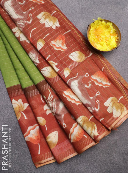 Bhagalpuri saree light green and rust shade with allover zari woven stripes pattern and pichwai printed border - {{ collection.title }} by Prashanti Sarees