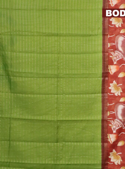 Bhagalpuri saree light green and rust shade with allover zari woven stripes pattern and pichwai printed border - {{ collection.title }} by Prashanti Sarees