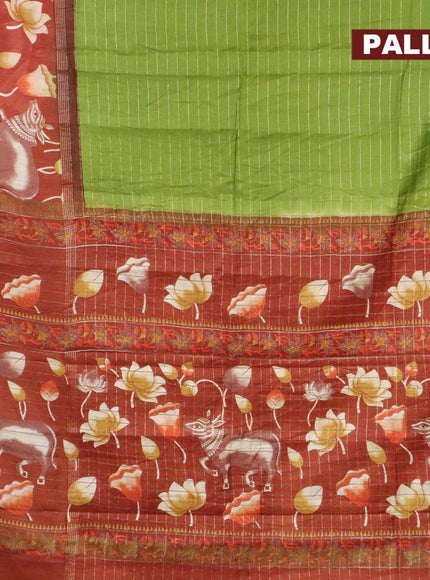 Bhagalpuri saree light green and rust shade with allover zari woven stripes pattern and pichwai printed border - {{ collection.title }} by Prashanti Sarees