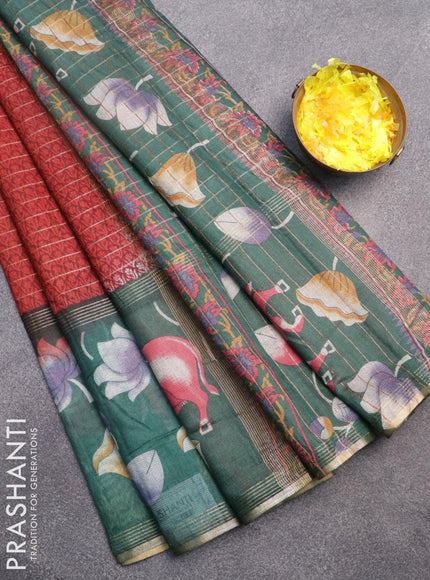 Bhagalpuri saree maroon and peacock green with allover prints & zari stripes pattern and pichwai printed border - {{ collection.title }} by Prashanti Sarees