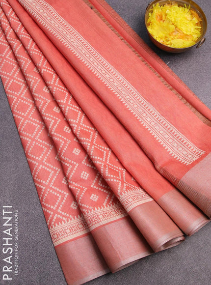 Bhagalpuri saree mild peach orange with allover bandhani prints and zari woven border - {{ collection.title }} by Prashanti Sarees