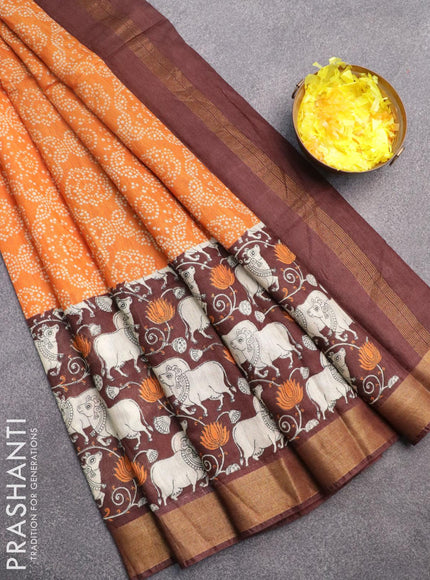 Bhagalpuri saree orange and brown with allover bandhani prints and long pichwai printed zari woven border - {{ collection.title }} by Prashanti Sarees