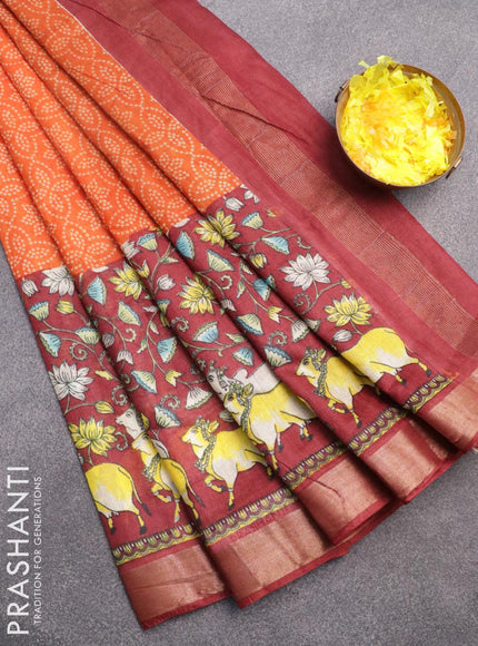 Bhagalpuri saree orange and maroon with allover bandhani prints and long pichwai printed zari woven border - {{ collection.title }} by Prashanti Sarees