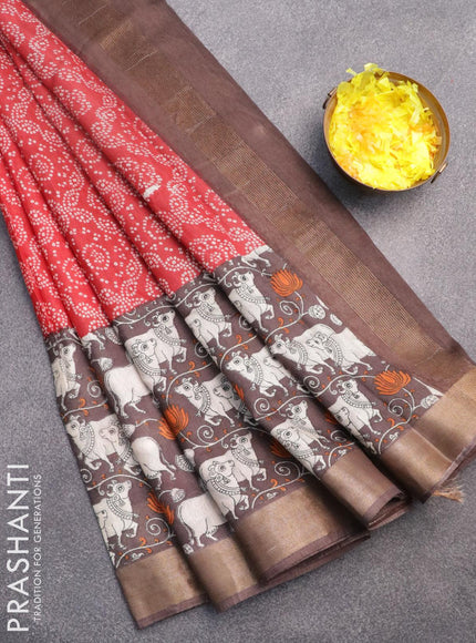 Bhagalpuri saree red and brown with allover bandhani prints and long pichwai printed zari woven border - {{ collection.title }} by Prashanti Sarees