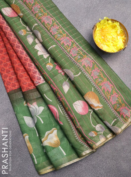 Bhagalpuri saree red and green with allover prints & zari stripes pattern and pichwai printed border - {{ collection.title }} by Prashanti Sarees