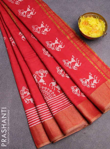 Bhagalpuri saree red with warli butta prints and zari woven border - {{ collection.title }} by Prashanti Sarees