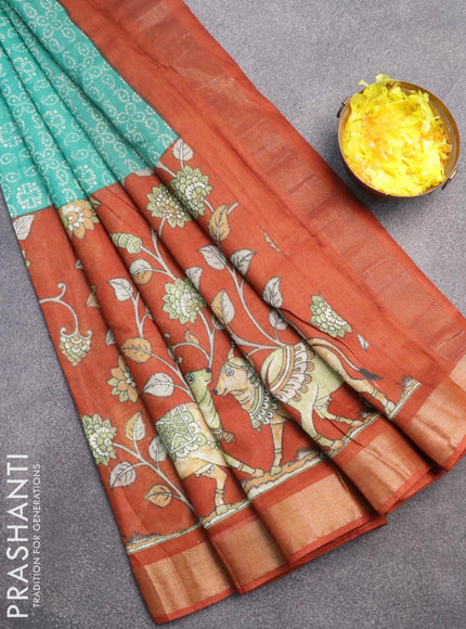 Bhagalpuri saree teal blue and rust orange with allover bandhani prints and long pichwai printed zari woven border - {{ collection.title }} by Prashanti Sarees