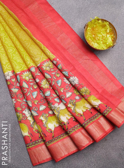 Bhagalpuri saree yellow and red with allover bandhani prints and long pichwai printed zari woven border - {{ collection.title }} by Prashanti Sarees