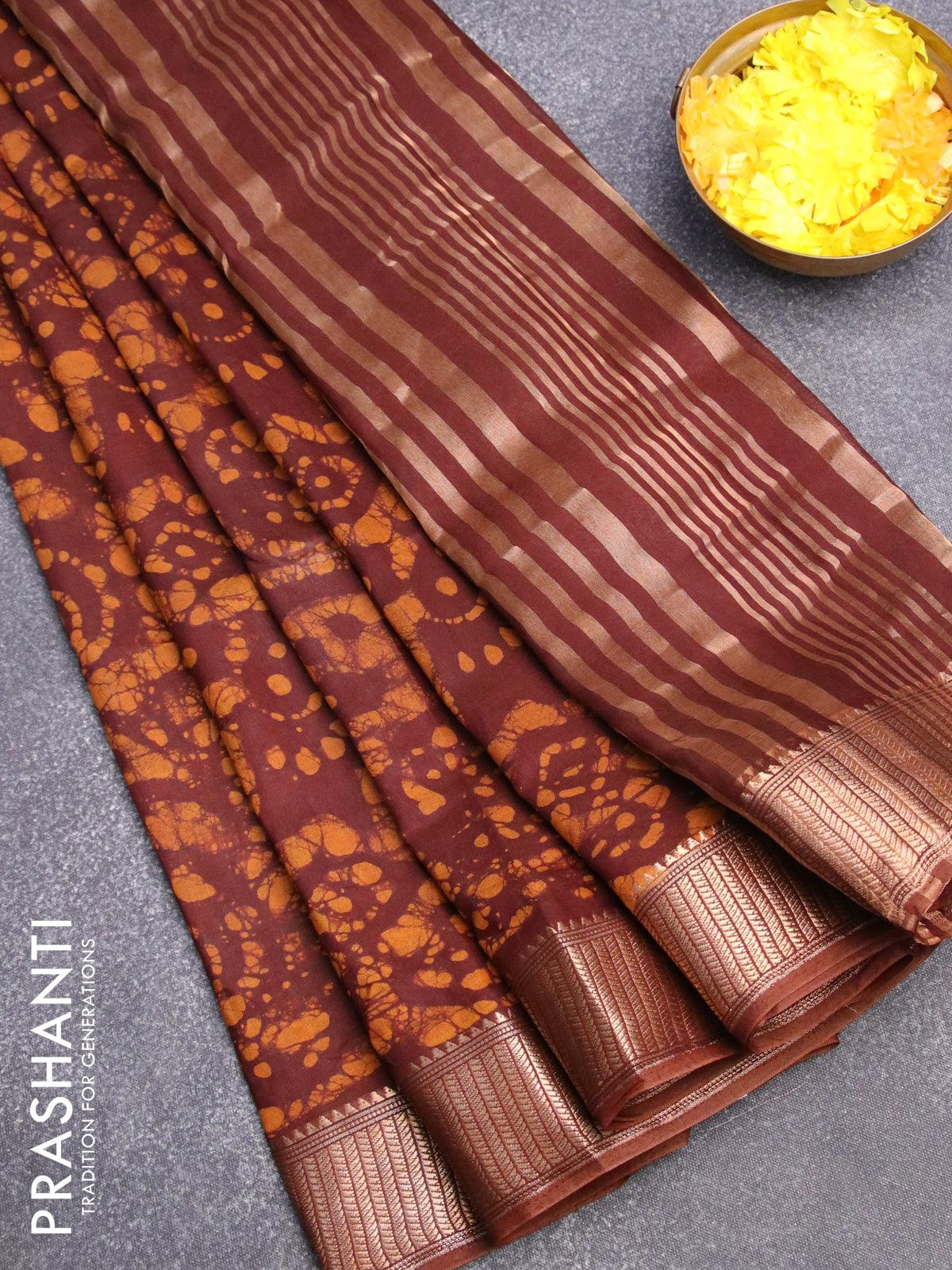 Yellow & Maroon Semi Binny Crepe Saree With Allover Copper & Silver Zari  Weaving Small Flower