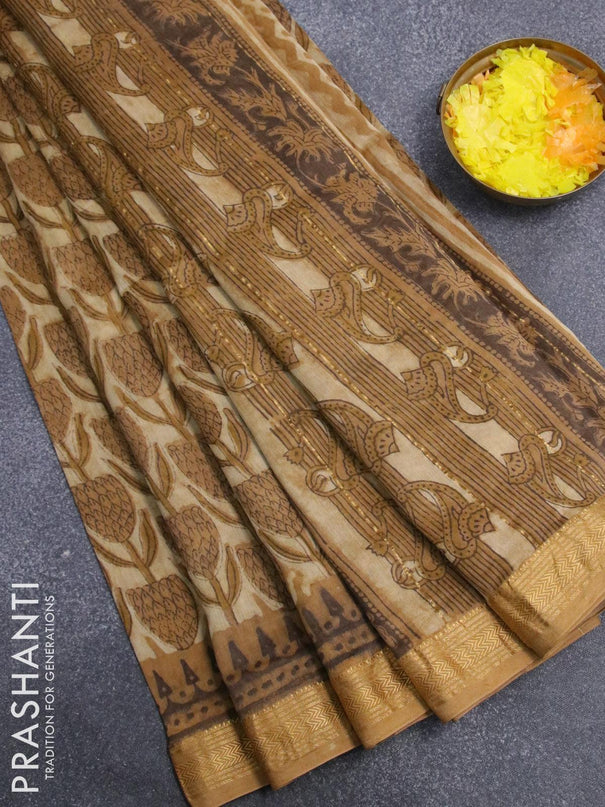 Chanderi bagru saree beige and dark mustard with allover prints and maheshwari border - {{ collection.title }} by Prashanti Sarees