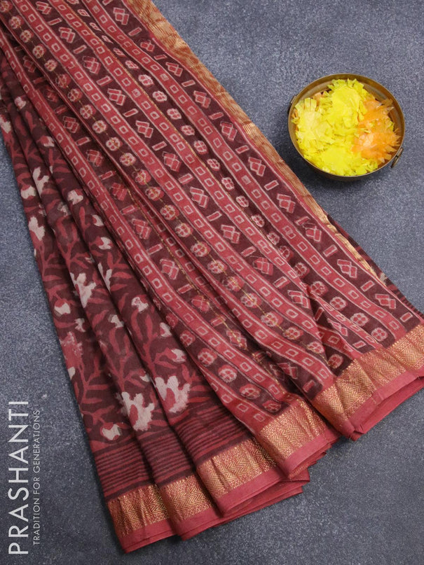 Chanderi bagru saree maroon with allover prints and maheshwari border - {{ collection.title }} by Prashanti Sarees