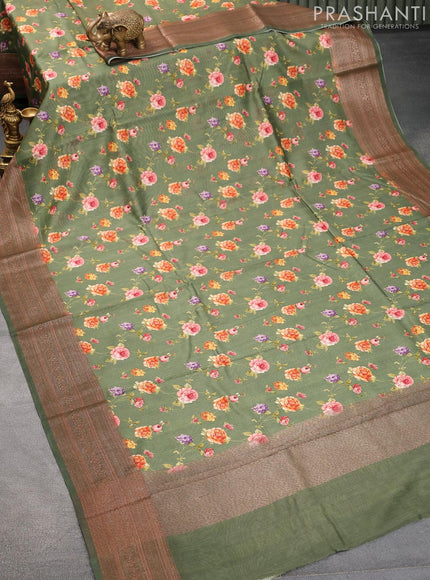 Chanderi silk cotton saree green shade with allover floral digital prints and woven border - {{ collection.title }} by Prashanti Sarees