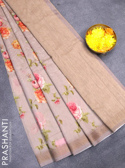 Chanderi silk cotton saree grey shade with allover digital prints and woven border - {{ collection.title }} by Prashanti Sarees