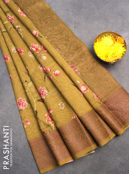 Chanderi silk cotton saree mehendi green with allover floral digital prints and woven border - {{ collection.title }} by Prashanti Sarees