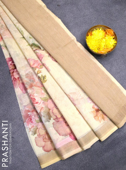 Chanderi silk cotton saree pale yellow with allover digital prints and woven border - {{ collection.title }} by Prashanti Sarees