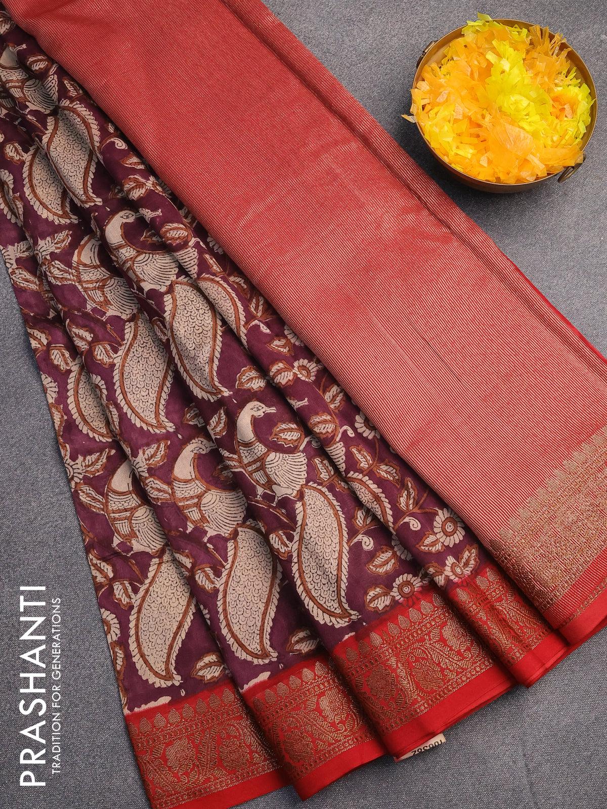 Printed silk saree maroon and yellow with allover kalamkari prints and – Prashanti  Sarees