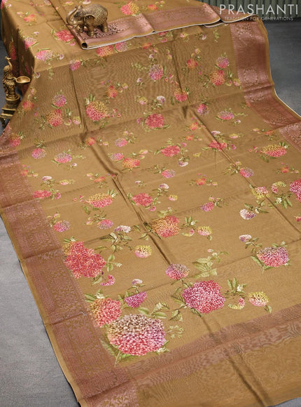 Chanderi silk cotton saree sap green shade with allover floral digital prints and woven border - {{ collection.title }} by Prashanti Sarees