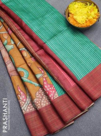 Chappa saree mustard yellow and maroon shade with allover kalamkari prints and zari woven border - {{ collection.title }} by Prashanti Sarees